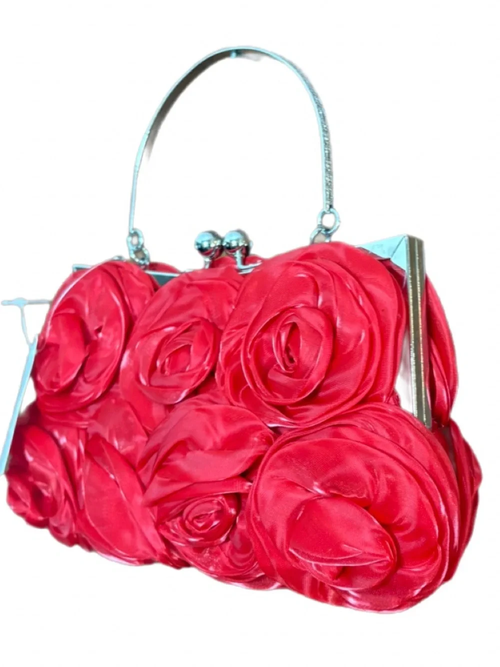 Helen Heart Red Rosette Formal Evening Bag NWT Silver Handle Chain Strap - Picture 5 of 8